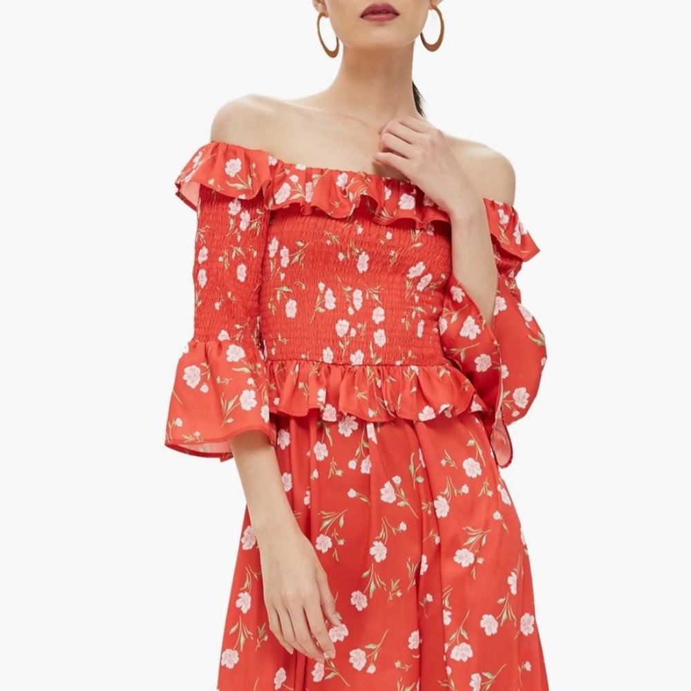 Topshop Smocked Off The Shoulder Ruffle Midi Dress